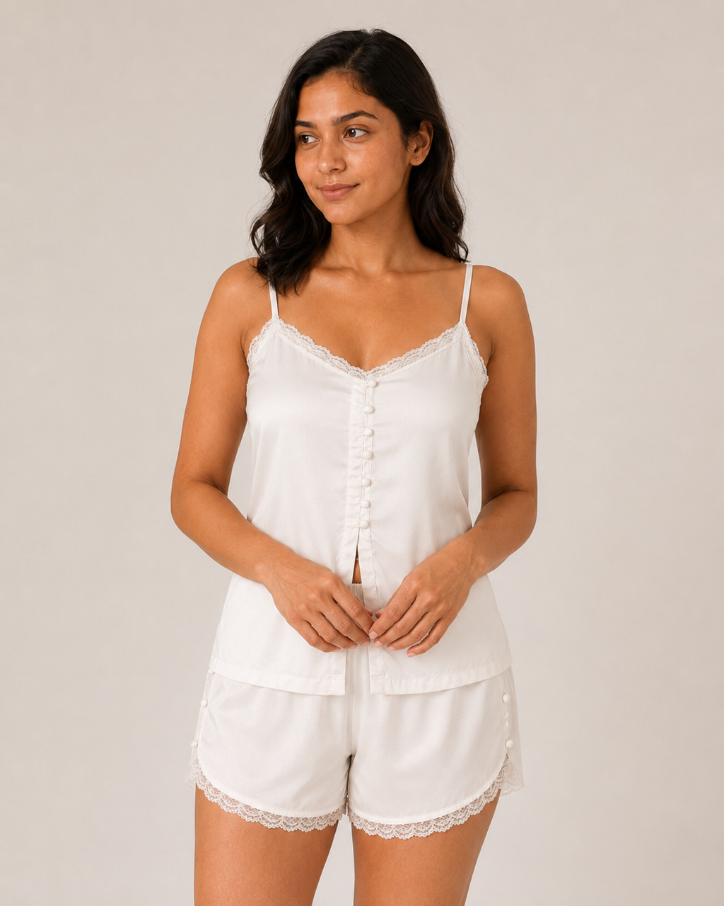 Modal Satin Button-Front Lace Shorts Nightwear Set