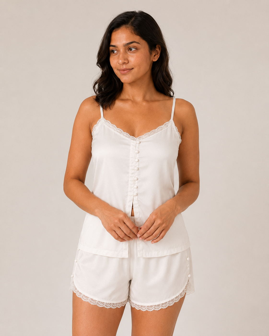 Modal Satin Button-Front Lace Shorts Nightwear Set