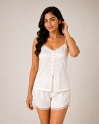Modal Satin Button-Front Lace Shorts Nightwear Set