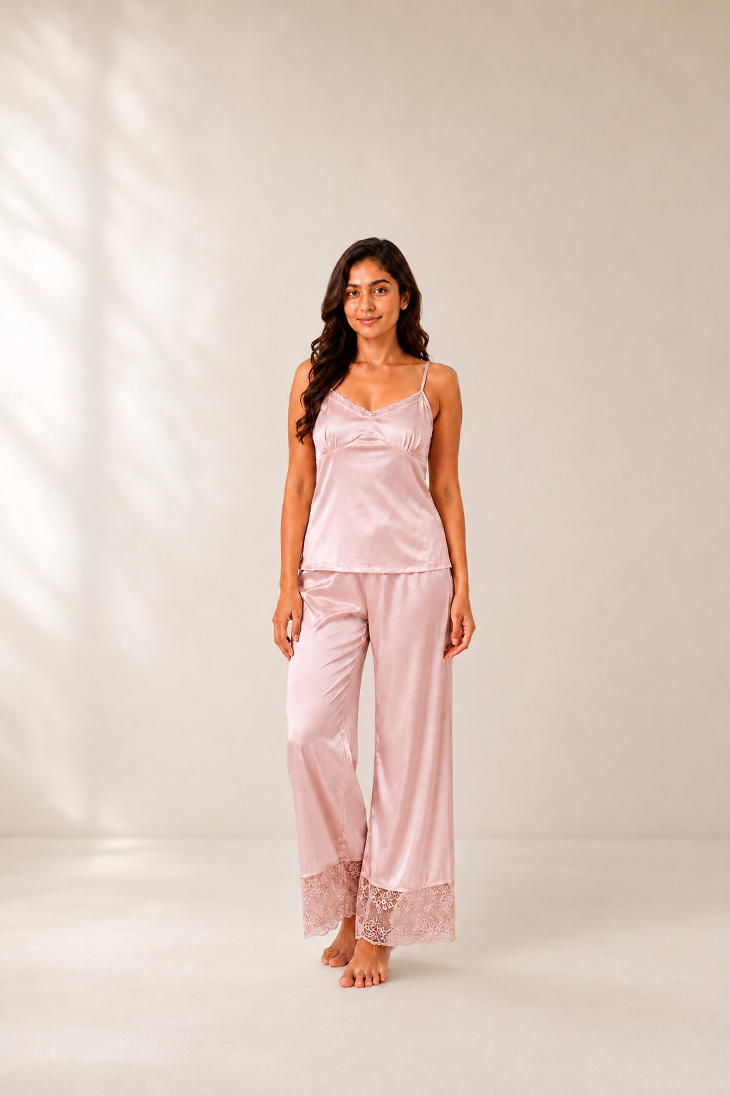 Modal Satin Lace Long Patterned Nightwear Set