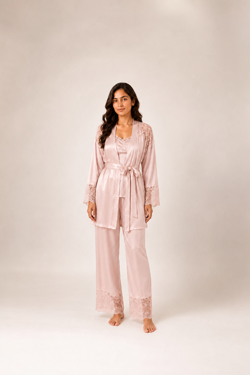 Modal Satin Lace Long Patterned Nightwear Set